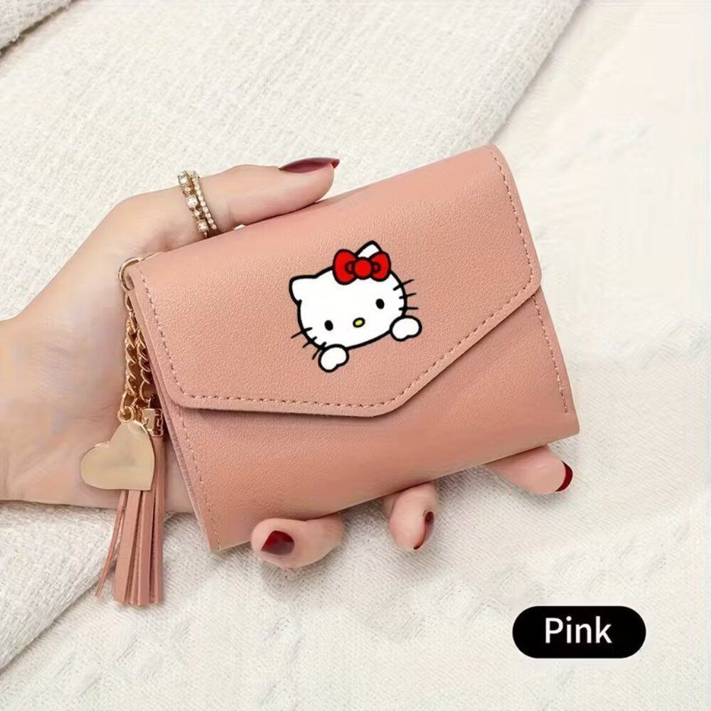 Hello Kitty Women's Mini Wallet Compact Tri-Fold Design w Snap Closure Peach